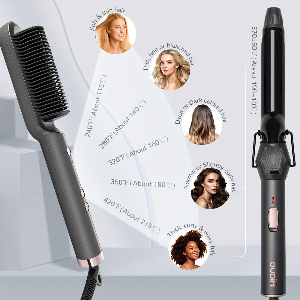 Straightening Comb And Curling Iron Set, Hair Curler, Hair Straightening Brush Flat Iron for Women, Anti-Scald, Quick, Precise Temperature Control, Auto Shuts Off, Suitable for Home, Office And Travel, Gifts for Birthday, Wow Hair Products