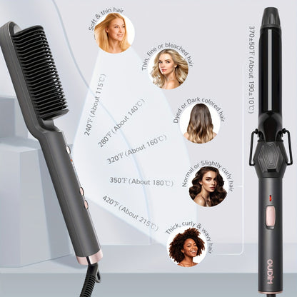 Hair Straightener & Curling Iron Set for Women – Flat Iron Straightening Brush, Anti-Scald, Precise Temperature Control, Auto Shut-Off, Home Office Travel & Birthday Gift