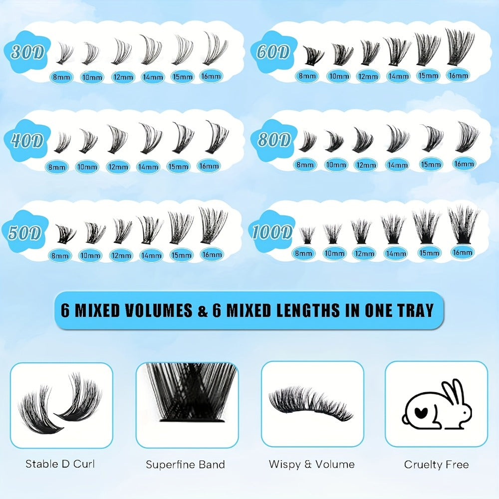 Lash Clusters Kit 720pcs Clusters Lash Extension Kit 30D-100D Eyelash Extensions Kits C Curl Individual Wispy Lashes Cluster Natural Eye Lash Trays With Glue&Tweezers For Beginners