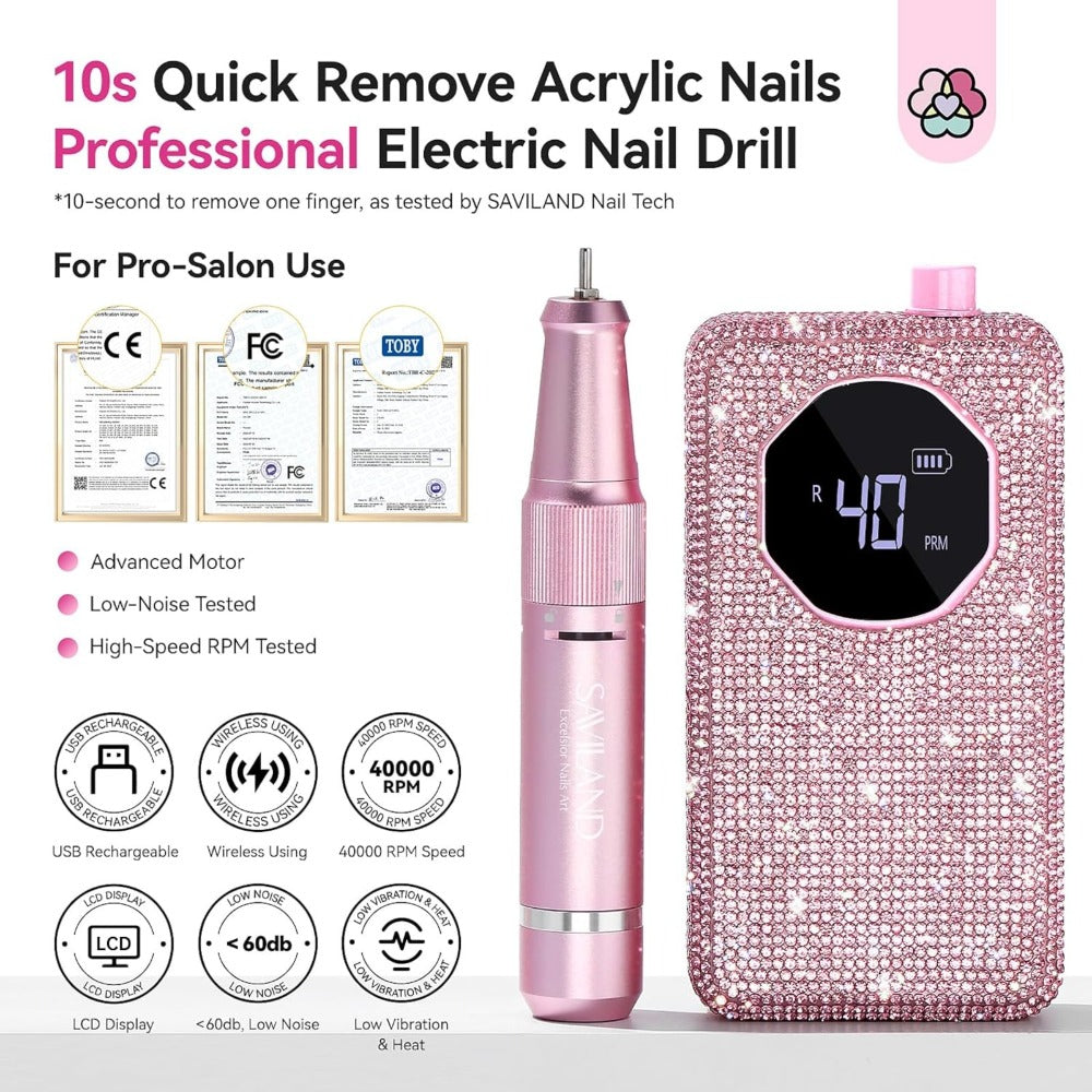 SAVILAND Professional Nail Drill 40000 RPM | Bright Pink Diamond Nail Drill Kit with 4000 mAh Rechargeable Battery, LCD Display, Brushed Motor, Includes Ceramic Nail Drill Bits and Sanding Bands for Salon Use