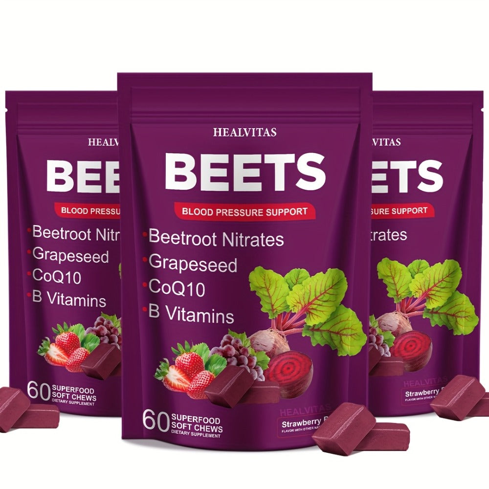 Super Beets All-in-One Beet Root Gummies & Chews - Beet Powder with Vitamins B12/B6, CoQ10 & Grapeseed - Heart Health Support, Blood Pressure Health Supplement, Blood Flow Booster - Chewable Vitamins for Blood Pressure Support 1pc/2pcs/3pcs