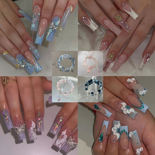 (100pcs) 4Pack Glossy Long Ballerina Fake Nails And 4pcs Bracelet Blue Gradient Press on Nails with 3D Flower Butterfly Rhinestone Design Beads Bangle Sparkling Full Cover False Nails for Women