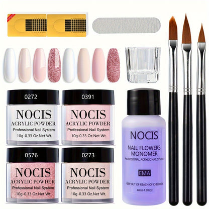 Acrylic Nail Kit 4 Colors 10g White Nude Tones - 3D Nail Art French Manicure Extensions All-Season Carving No Lamp Needed Salon Quality Set