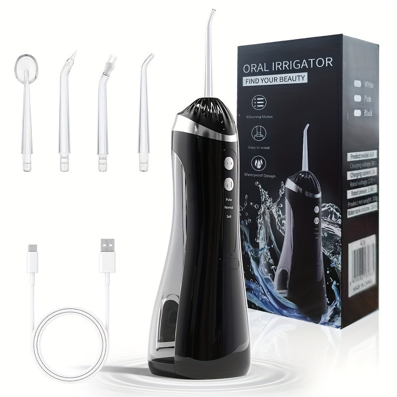 Oral Irrigator USB Rechargeable Water Flosser — 3 Cleaning Modes, Flosser Tips & Brush Head, Portable Cordless Dental Water Pick for Travel & Home Teeth Care, White Black Pink
