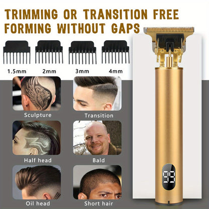 T-Blade Hair Trimmer for Men — Cordless Rechargeable Hair Clipper with LED Display, Nano Titanium Alloy Blades, 4 Guide Combs | Pro Electric Outline Trimmer Black & Gold