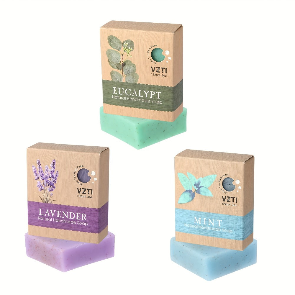 3pcs/6pcs Exfoliating Handmade Soap - 122g Natural Bar Soap With Eucalyptus, Peppermint, Lavender, Mango, Coconut & Shea Butter Essential Oils for Deep Cleansing, Moisturizing Self-Care, Easter Gift Set, Travel Essential-Local Warehouse