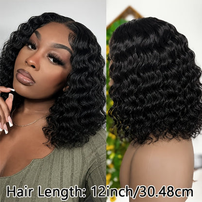 4x4 Lace Front Wig Short Curly Bob Human Hair Brazilian Deep Wave Glueless Pre-Plucked Pre-Cut Bouncy Curls Natural Hairline Beginner Friendly 12 Inch