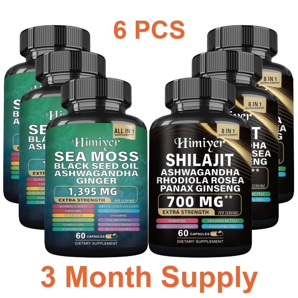 6pcs-Three-month Package-Sea Moss 350mg, Black Seed Oil 200mg, Ashwagandha 100mg, Ginger & Shilajit Pure Himalaya 300 Mg, Rhodiola Rosea 100mg, Panax Ginseng 50mg, All In 1 Supplements