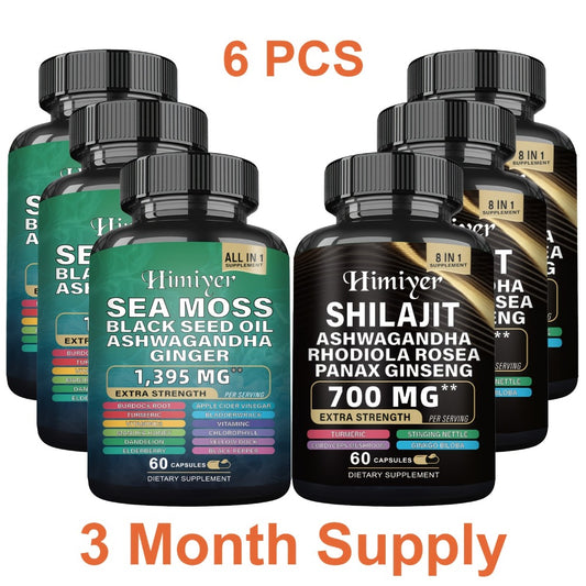 6pcs-Three-month Package-Sea Moss 350mg, Black Seed Oil 200mg, Ashwagandha 100mg, Ginger & Shilajit Pure Himalaya 300 Mg, Rhodiola Rosea 100mg, Panax Ginseng 50mg, All In 1 Supplements