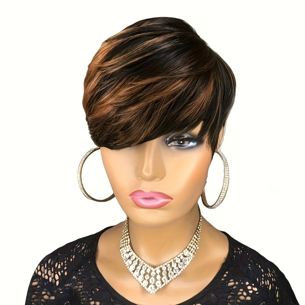 Highlight Synthetic Ombre Black Brown 1B/30# Short Straight Pixie Cut HairStyle Wigs With Bangs
