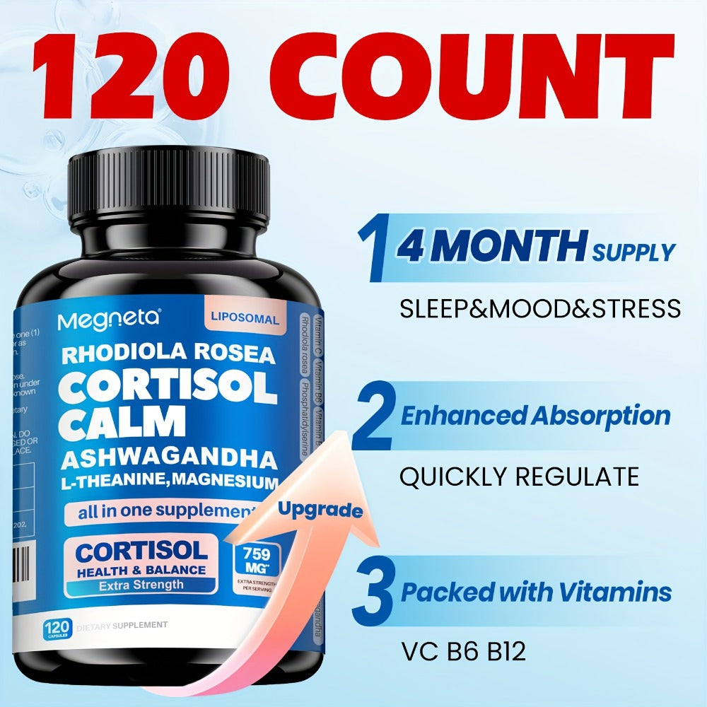 Stress Manager-Balanced Cortisol, Restful Sleep & Mood Enhancement, Relax|with Rhodiola Rosea, Ashwagandha, L-Theanine & Magnesium 120 Capsules, 4 Months Supply