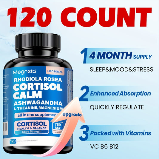 Stress Manager-Balanced Cortisol, Restful Sleep & Mood Enhancement, Relax|with Rhodiola Rosea, Ashwagandha, L-Theanine & Magnesium 120 Capsules, 4 Months Supply