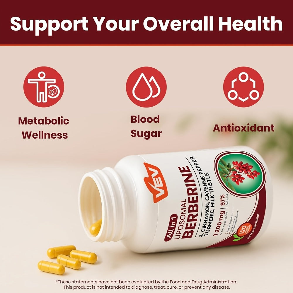 VEV Berberine Capsules, Cayenne Pepper Drops, Berberine Supplement With Ceylon Cinnamon, Cayenne Pepper, Turmeric, Milk Thistle, For Adults, Daily Gifts