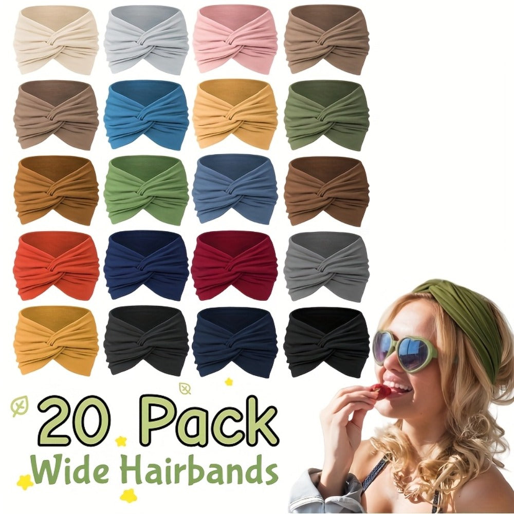 Stretchy Headbands 20pcs Bulk Soft Sweat-Wicking Sports Turban Bandanas for Women Men Non-Slip Elastic Knot Hair Wraps Breathable Solid Colors for Yoga Running Gym Workout Daily Fashion