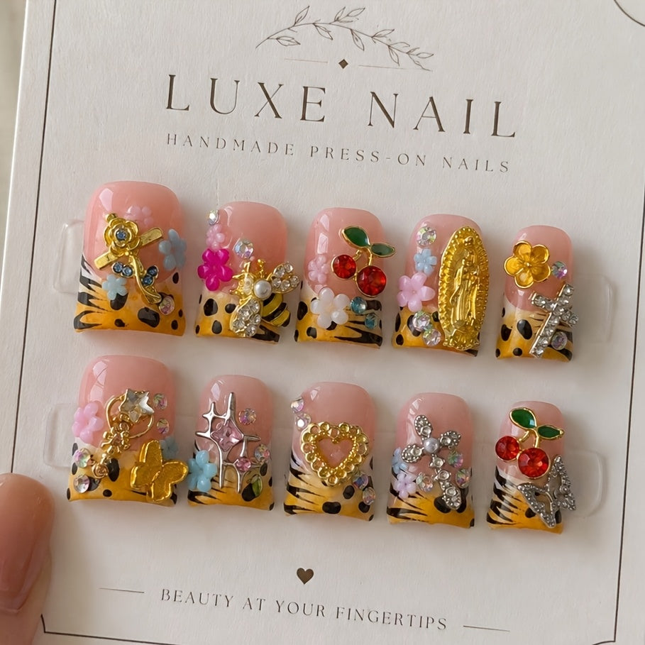 10pcs Y2K Yellow Striped Short Duck Press On Nails, Handmade Acrylic Nails with Cherry, Bee, Flower Rhinestone, Cross & Star Decor, Summer Daily Party Vacation Nail Set, Gift for Women And,Suitable for Graduation Photo Day