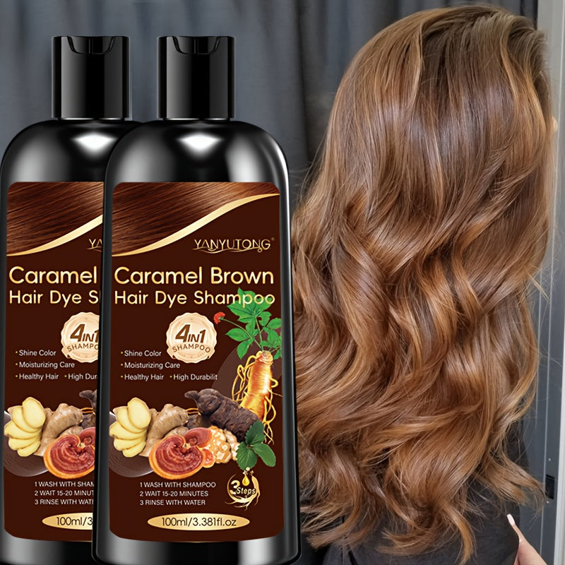 2-Bottle Pack, 3.38oz 4-In-1 Caramel Brown Dye Shampoo with Ginseng, Reishi Mushroom, And Ginger Extract - Instant Color, Shine, Volume & Smoothness in Minutes