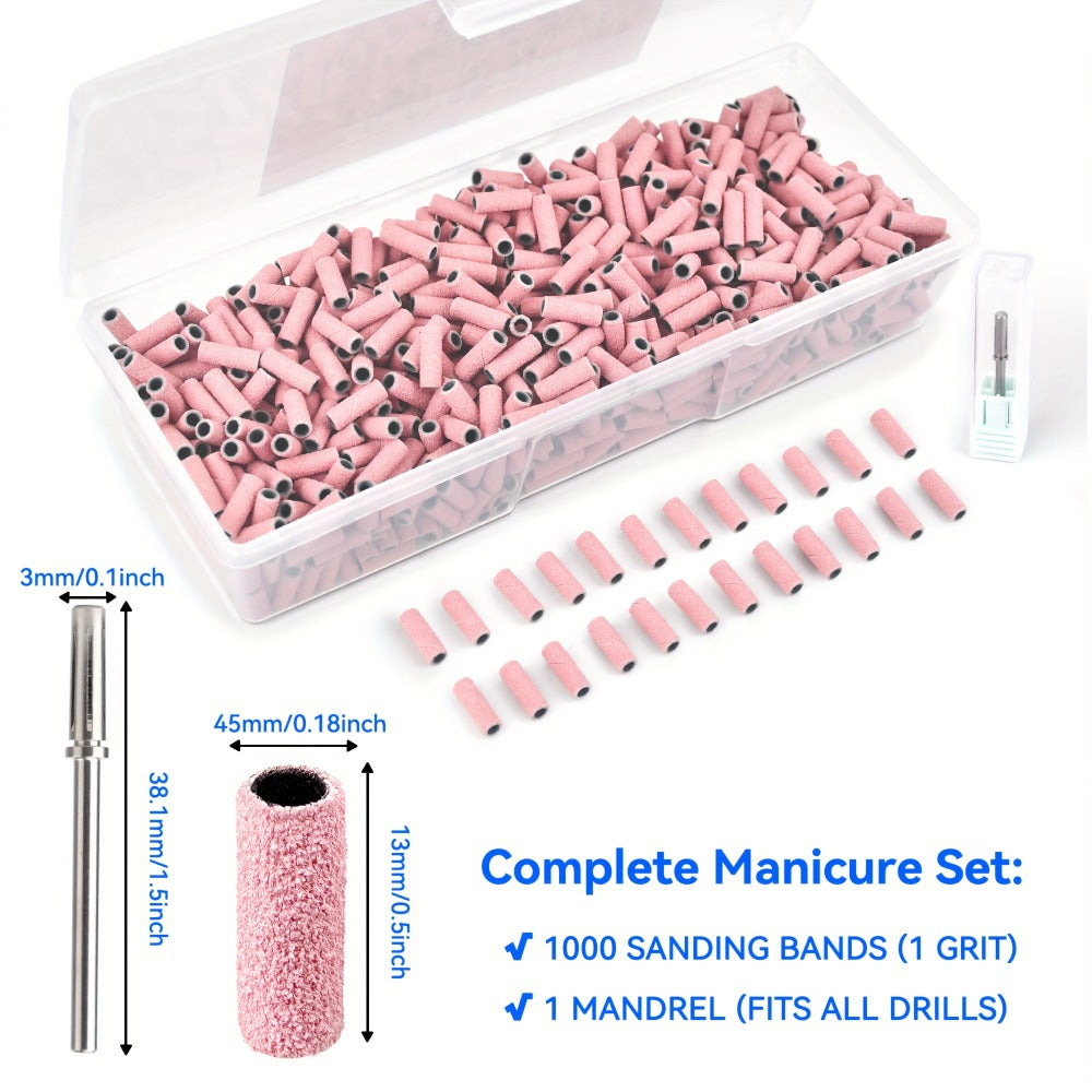 1000pcs Professional Nail Drill Bits with Mandrel - Coarse/Medium/Fine 3 Grit Sanding Bands, 3mm Straight Line Drill Bits Suitable for Removal, Nail Filing, Manicure & Pedicure Tools - Salon & Nail Care (1000pcs)