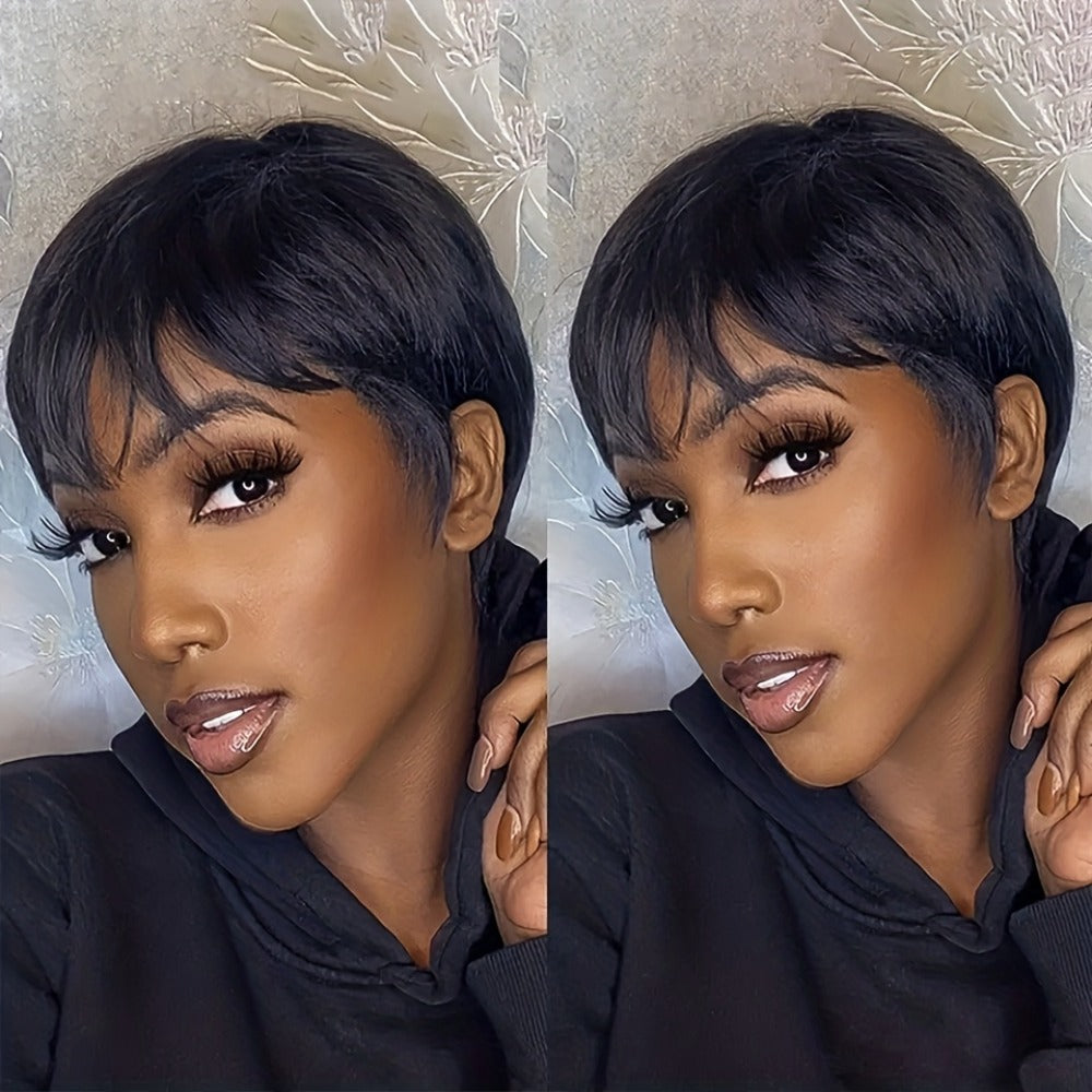 Women'S Pixie Cut Wig with Bangs, Human Hair, Straight, Non-Lace, Rose Net Cap, 180% Density, Machine Made, Glueless, Suitable for African Women - Basic Style