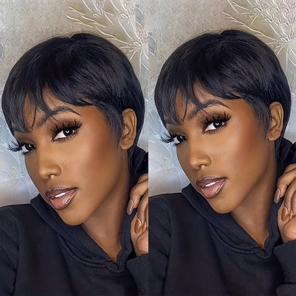Human Hair Pixie Cut Wig with Bangs Glueless 180% Density Straight Black 6 Inch Rose Net Cap Machine Made Wig for African American Women