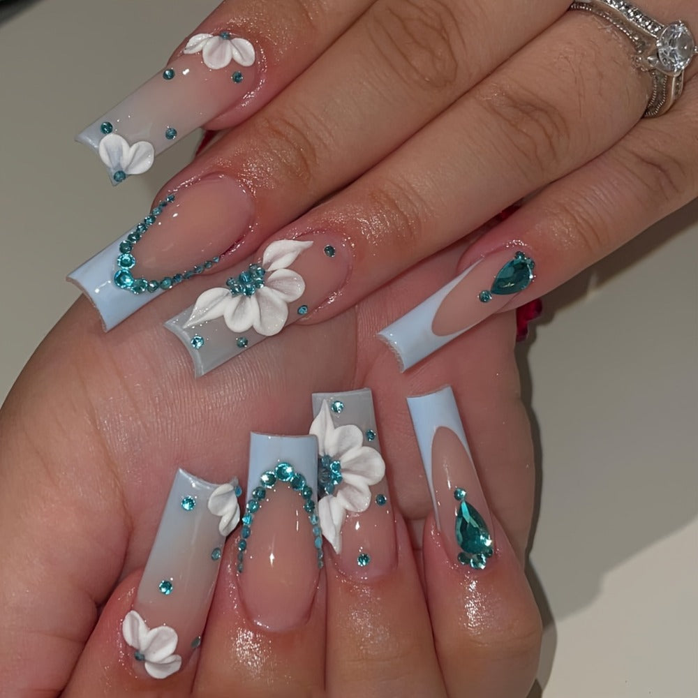 Press On Nails 96 Pieces 4 Packs + 4 Bracelets - Long Ballerina Fake Nails Blue Gradient 3D Flower Butterfly Rhinestone | Glossy Sparkling Full Cover False Nails & Beads Bangle Set for Women Girls