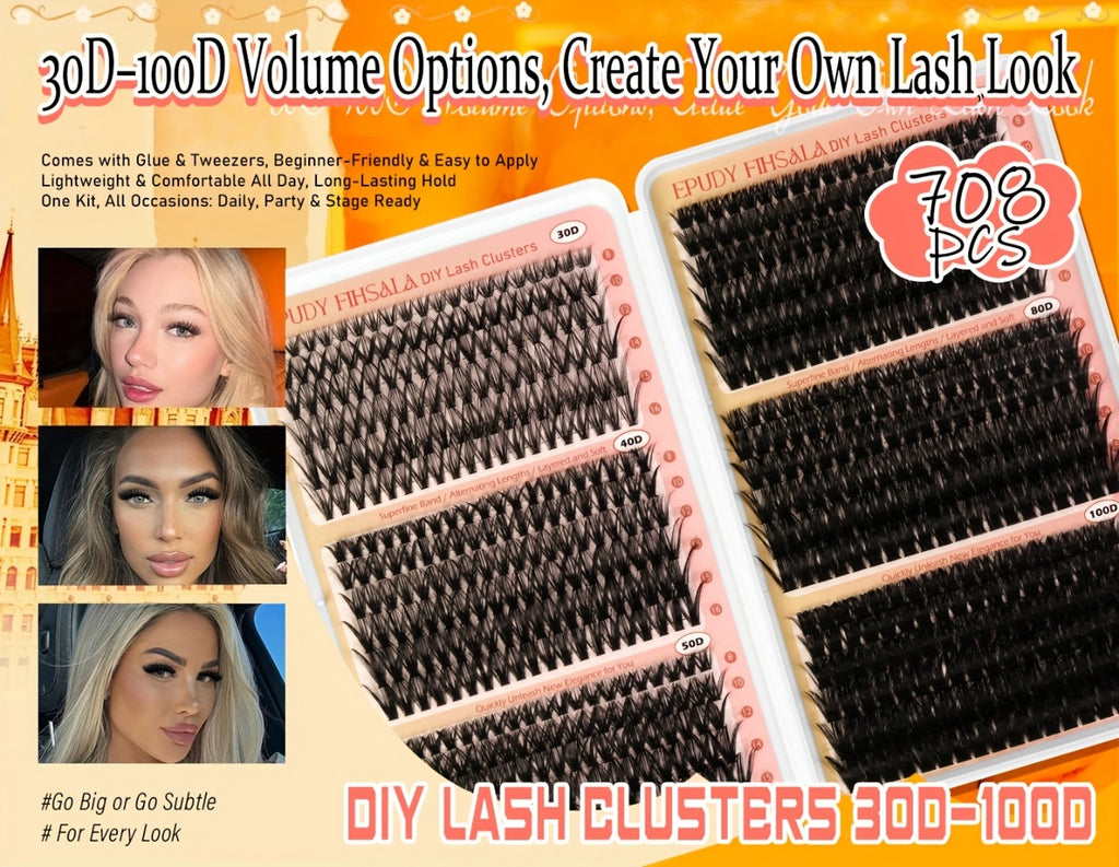 Lash Clusters Kit 708pcs 8-16Mm Mixed 30D-100D Lashes Clusters Kit with Glue, Tweezers And Brush, Mega Volume Cluster Lashes for Natural Or Dramatic Eye Makeup, Soft Reusable Eyelash Clusters Kit for Long Lasting Salon Style Look Easily at Home