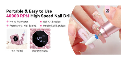 Professional Nail Drill 40000 RPM Rechargeable Electric Nail Drill Machine with 4000mAh Battery LCD Display Ceramic Drill Bits Sanding Bands for Acrylic Gel Nails Salon Home Use