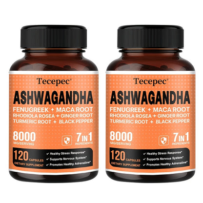 Ashwagandha Capsules 7-in-1 Adaptogen Stress Relief Supplement with Maca, Rhodiola Rosea, Ginseng & More | Supports Stress, Energy & Nerve Health | 120 Capsules | 1 or 2 Bottle Pack