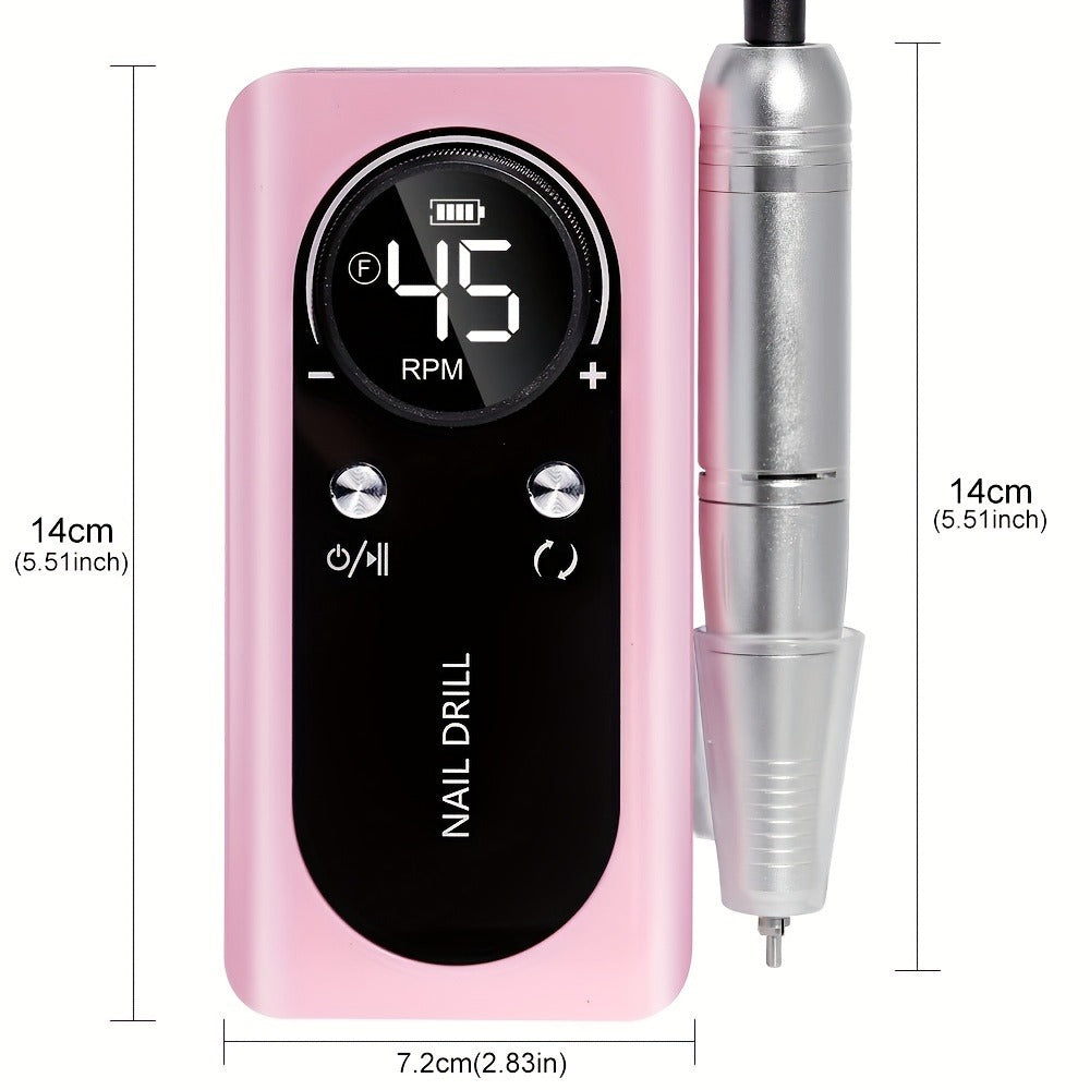 45000RPM Adjustable Speed Low-noise Nail Drill Cordless Display Power Portable Nail File Nail Grinder Suitable for Home Nail Salon Gel Nail Polishing for Nail Salon And Home