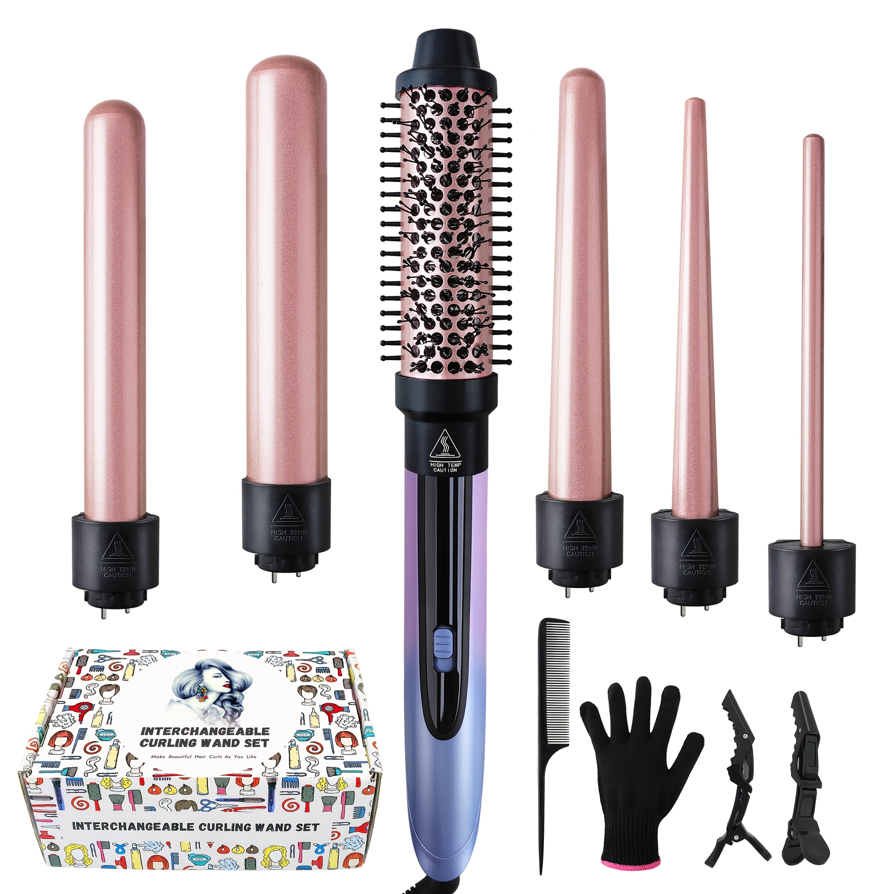 Hair Curling Wand 5in 1 Hair Curlers Iron Set 0.4" - 1.25" with 5 Ceramic Interchangeable Barrel for Long Short Hair Styling Tool for Women Gifts Birthday Christmas Thanksgiving Day New Year Festival Hairstylist Essentials Styler Fast Heat Brush
