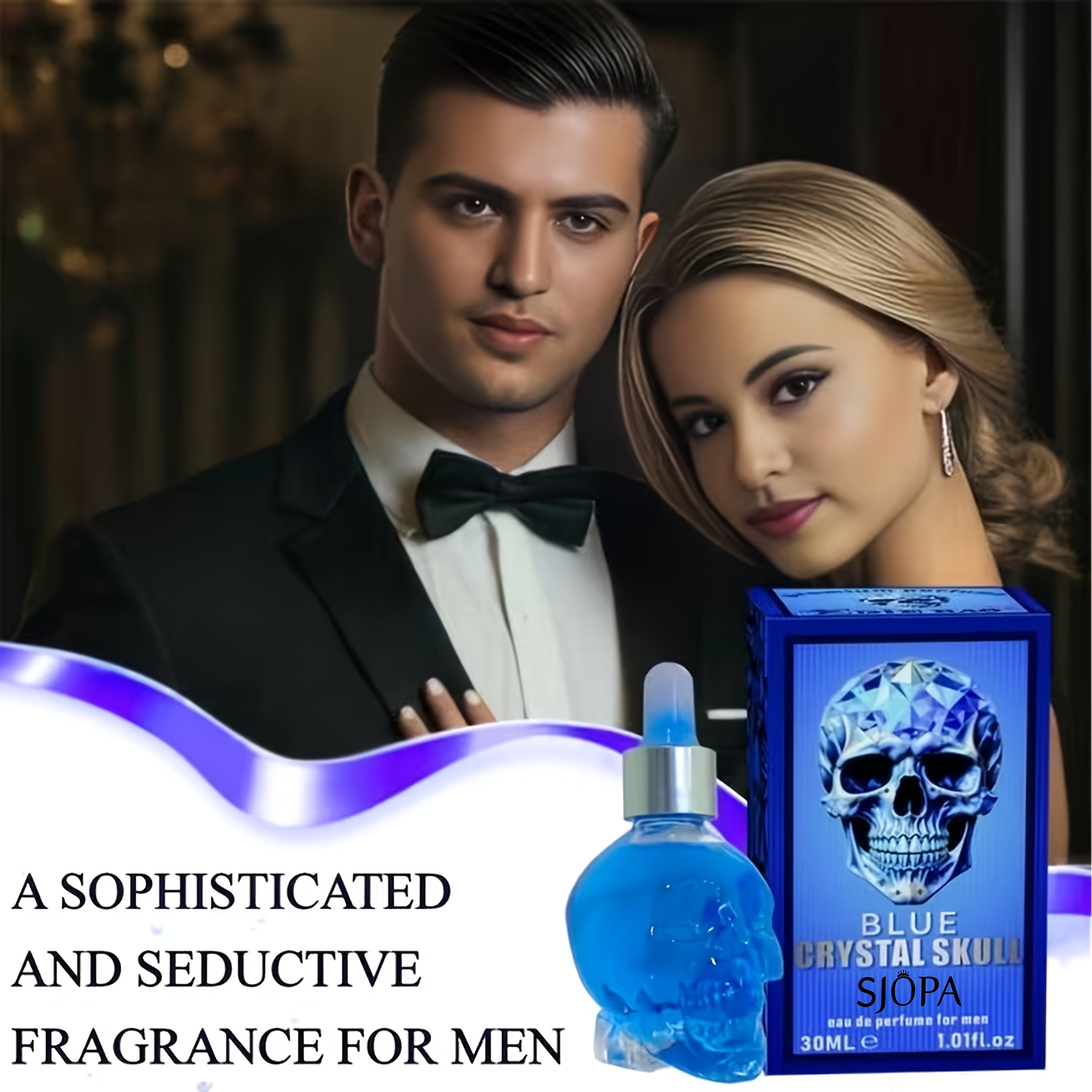 1 X Blue Crystal Skull Eau De Cologne For Men, 30ml/1.01fl.oz, Long-Lasting Woody Scent, Alcohol-Free Perfume Oil, Portable Fragrance For Business Trips, The Perfect Valentine'S Day Gift
