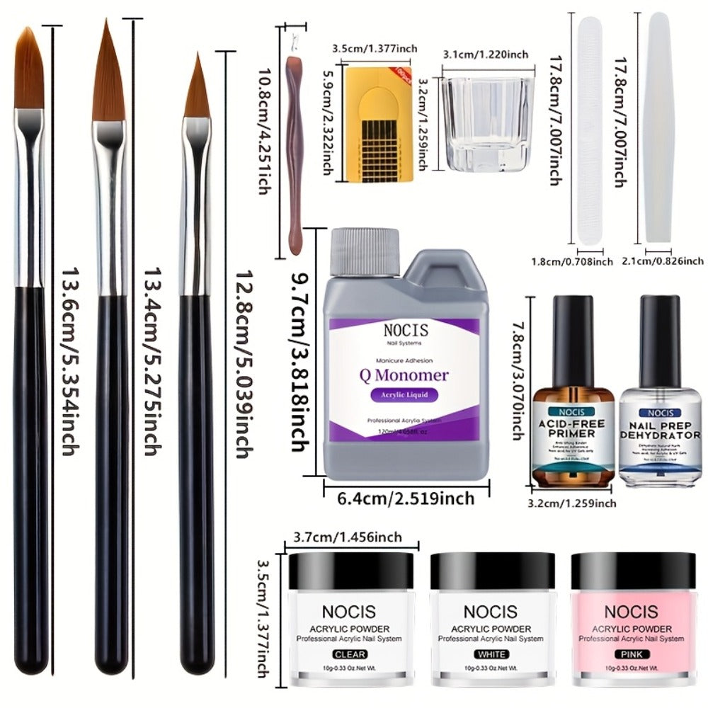 NOCIS 10G Acrylic Powder Collection, Expert Nail Art Package Including Monomer Liquid, Nail Brush, Forms, Dappen Dish, Odorless, Gift Package for Salon-Standard Manicures