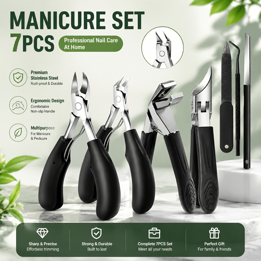 7pcs Men's Special Heavy-duty Nail Care Tools for Adults. Suitable for Thick Toenails. Black Classic Handle. Ergonomic Stainless Steel Nail Clipper. Professional Foot Care Tool Set. Includes Nail File, Cuticle Clipper And Beauty Tools. Good Quality.