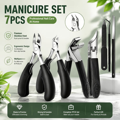 Nail Clipper Kit 7 Piece Heavy Duty for Men Professional Stainless Steel Thick Toenail Care Set – Nail File Cuticle Clipper Ergonomic Black Handle, Complete Manicure Pedicure Foot Care Tools