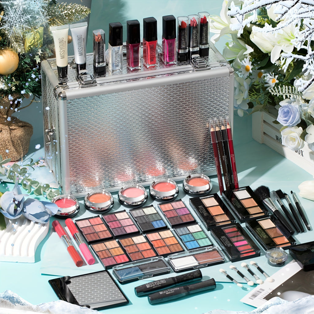 All-In-One Makeup Kit Aluminum Travel Case Full Set Eyeshadow Blush Lipstick Foundation Eyeliner Mascara Brush Set with Mirror Christmas Independence Day Halloween Birthday Gift for Women Girls Beginners