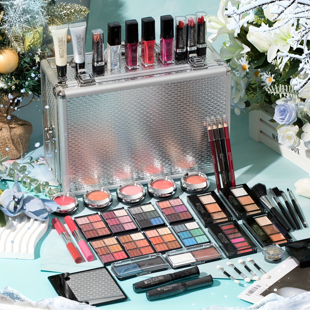 All-In-One Makeup Kit Aluminum Travel Case Full Set Eyeshadow Blush Lipstick Foundation Eyeliner Mascara Brush Set with Mirror Christmas Independence Day Halloween Birthday Gift for Women Girls Beginners