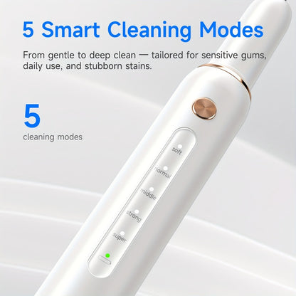 Electric Tooth Cleaner 5-Speed Ultrasonic Tartar Remover USB Rechargeable IPX6 Waterproof Dental Scaler with LED Light Mirror 2 Tips Plaque Stain Removal Tool for Home Oral Care