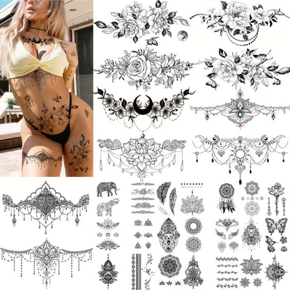 Fake Tattoos for Women 60+ Pcs with 10 Large Realistic Body Art Designs, Waterproof Temporary Tattoos for Chest Neck Underboob, Party Festival Swimming Tattoo Stickers