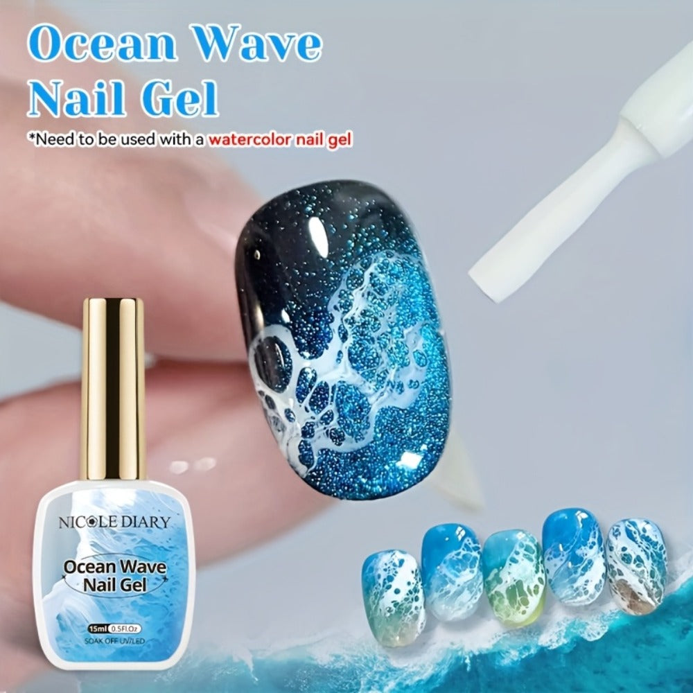 NICOLE DIARY 0.51oz Blue Sea Wave Bubble Gel Nail Polish - Marble Watercolor Ink Nail Art, at Home, Long-Lasting Glossy End, No Resin Remover Needed