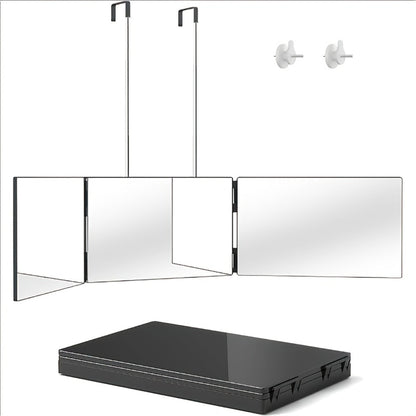 Three-Way Mirror for Haircutting 360° View, Folding Three-Sided Mirror with Height-Adjustable Telescopic Hook, Anti-Fog HD Glass, for Self Hair Cutting Shaving Makeup Hairstyling at Home
