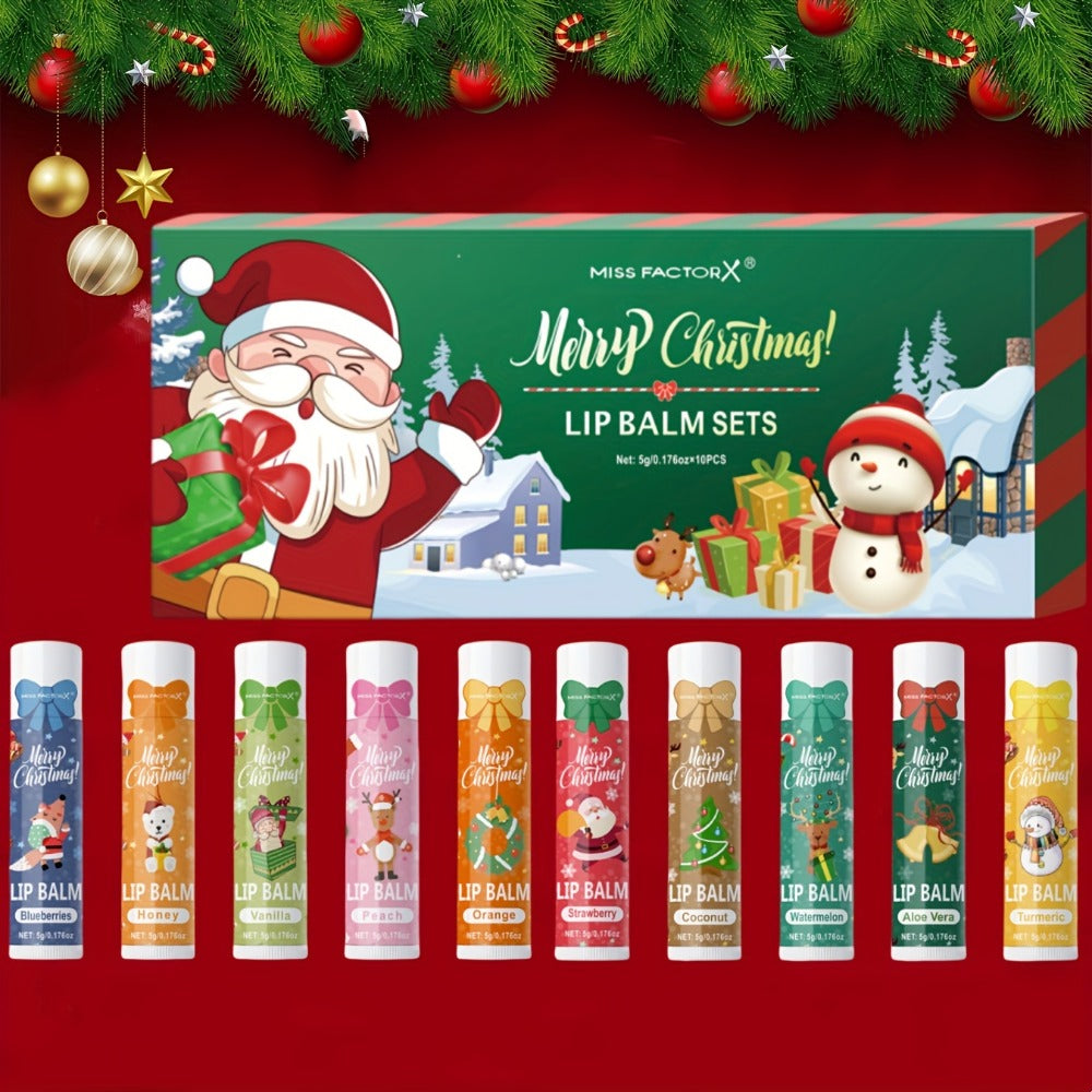 Lip Balm Set 10-Pack Christmas Gift — MISS FACTORX Moisturizing Lipstick Collection with Vitamin E, Natural Look, All Skin Types, Holiday & Valentine’s Day Gift for Women