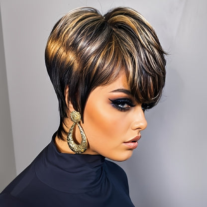 Short Pixie Cut Wig with Bangs Black & Blonde — Layered Style, Brown Blonde Mix, Rose Net Cap, Synthetic Wig for Black Women, 4 Inch Daily Wear