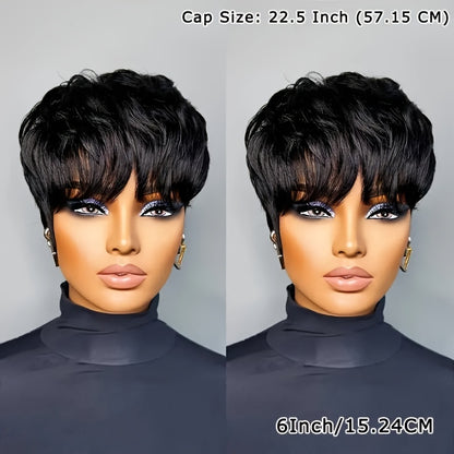 Human Hair Pixie Cut Wig with Bangs Glueless 180% Density Straight Black 6 Inch Rose Net Cap Machine Made Wig for African American Women