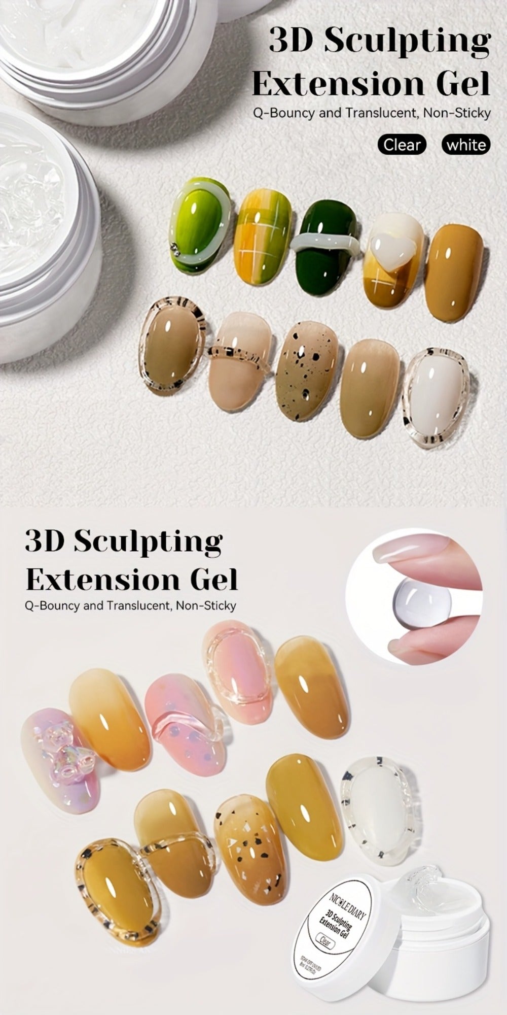 NICOLE DIARY 2pcs/3pcs 3D Carving Nail Gel Polish with Carving Pen White Clear 3D Sculpting Flower Gel Extension Gel Nail Nail Art Carving Gel Modeling Gel Nail Polish Manicure Nail Salon Home Use