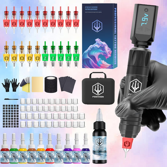Rotary Tattoo Machine Kit Complete - Wireless Tattoo Pen with LCD Display, 1500mAh Battery, 20pcs Cartridge Needles, Ink, Practice Skin & Full Supplies for Beginners & Artists TK035