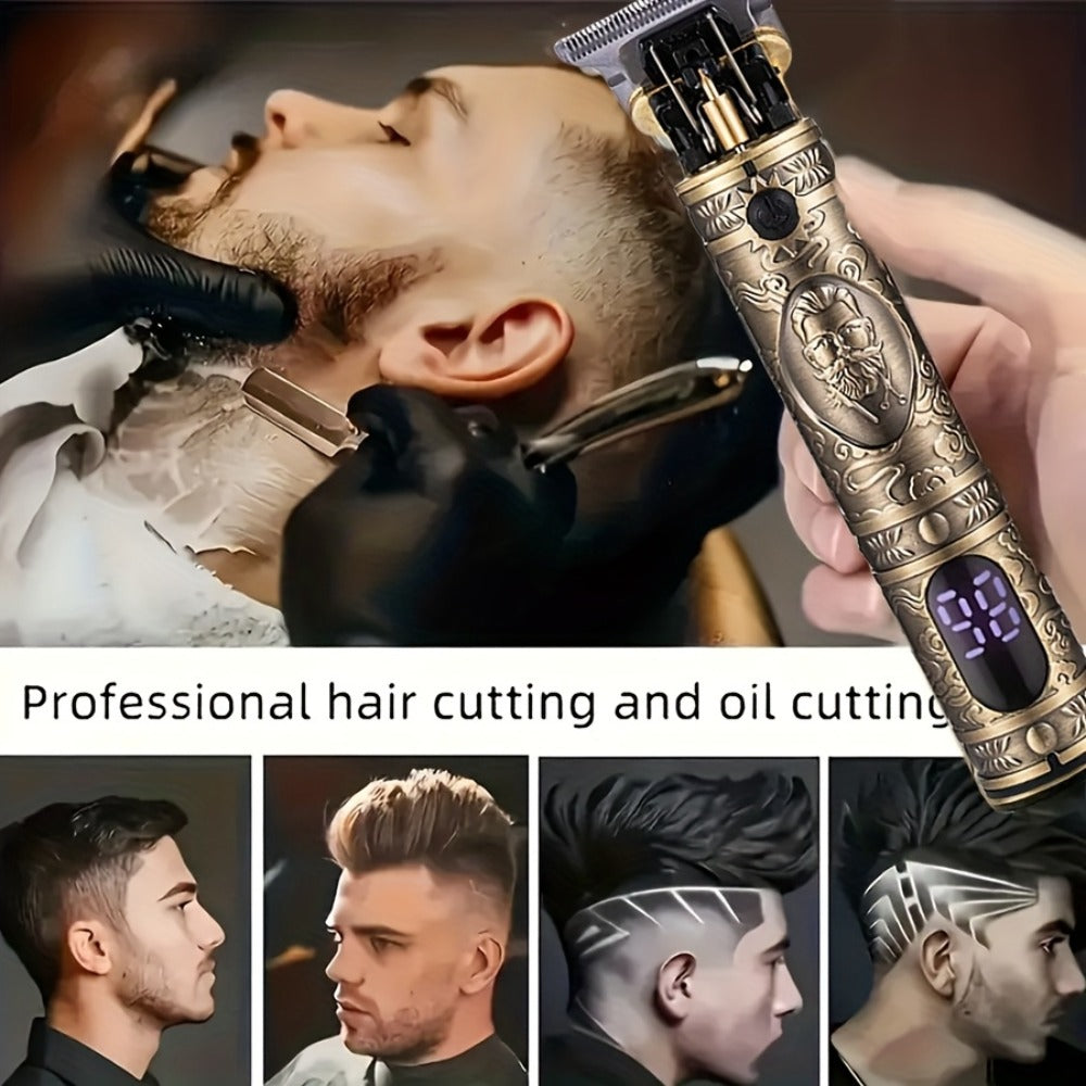 Men's Retro Electric T-Blade Wireless Hair Clipper, Unique Design Hair Clipper Shaver Trimming Set - USB Charging, LED Display, Multiple Accessories, Holiday Gift for Him