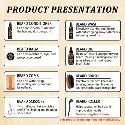 Beard Care Kit for Men Complete Grooming Set Beard Oil Balm Conditioner Wash Brush Comb Clippers Travel Pouch Birthday Father's Day Gift Beard Pen Set