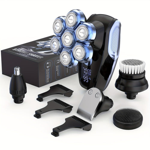 Electric Head Shaver for Bald Men 7D 7 Floating Heads — All-in-One Grooming Kit with Nose Hair Trimmer & Facial Cleaning Brush, 1.5H Fast Charging, Travel Lock, Rechargeable Men's Razor Gift Set (Blue/Black/Gold/Coffee)