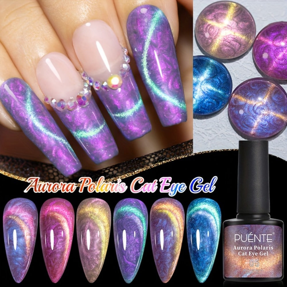 PUENTE 6pcs/set Aurora Shell Thread Cat Magnetic Gel Nail Polish With Magnet Semi-Permanent Nail Art 9D Aurora Glitter Pearl Cat Eye Gel Varnish, Soak Off Light Cured, Manicure Kit For Home Nail Salon Gift For Women