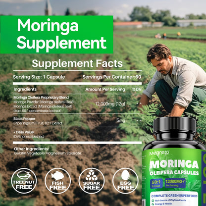 Moringa Capsules 12000mg — Pure Moringa Powder Supplement for Energy, Skin Health, Gut Health & Immune Support | Rich in Antioxidants | 60 Capsules per Bottle