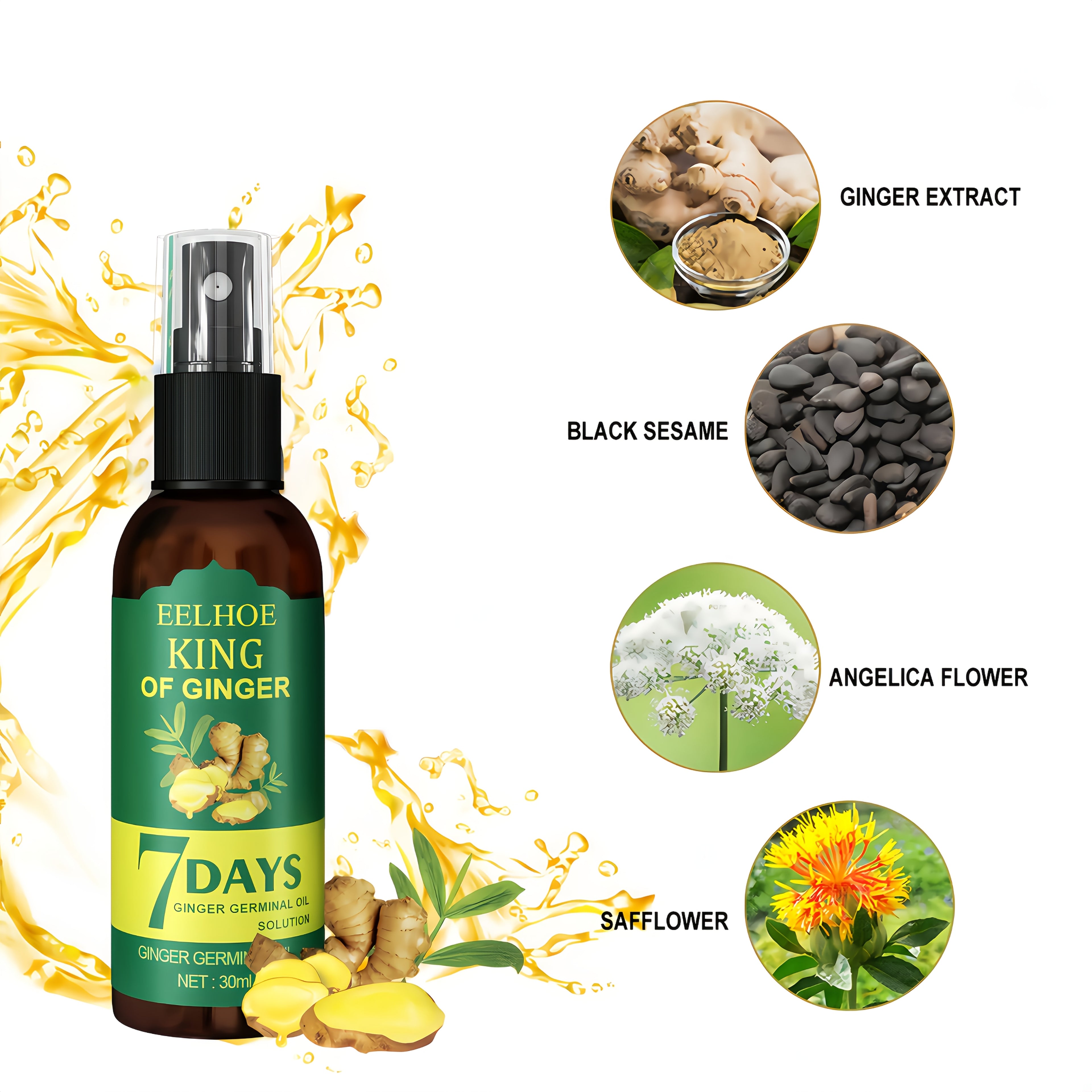 6pcs Seven-Day Moisturizing Ginger Hair Oil Spray, Suitable for Dry, Frizzy, And Curly Hair, Making It Easier to Comb, Nourishing, Gentle on The Skin, And Suitable for All Hair Types. Enhances Overall Texture